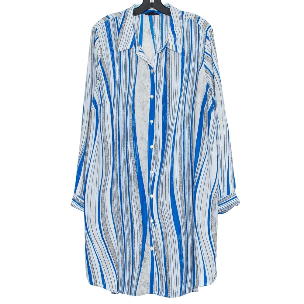 Alfani Shirt Dress Button Up Stripe Boho Coastal‎ Resort Blue Gray Plus Size 3X